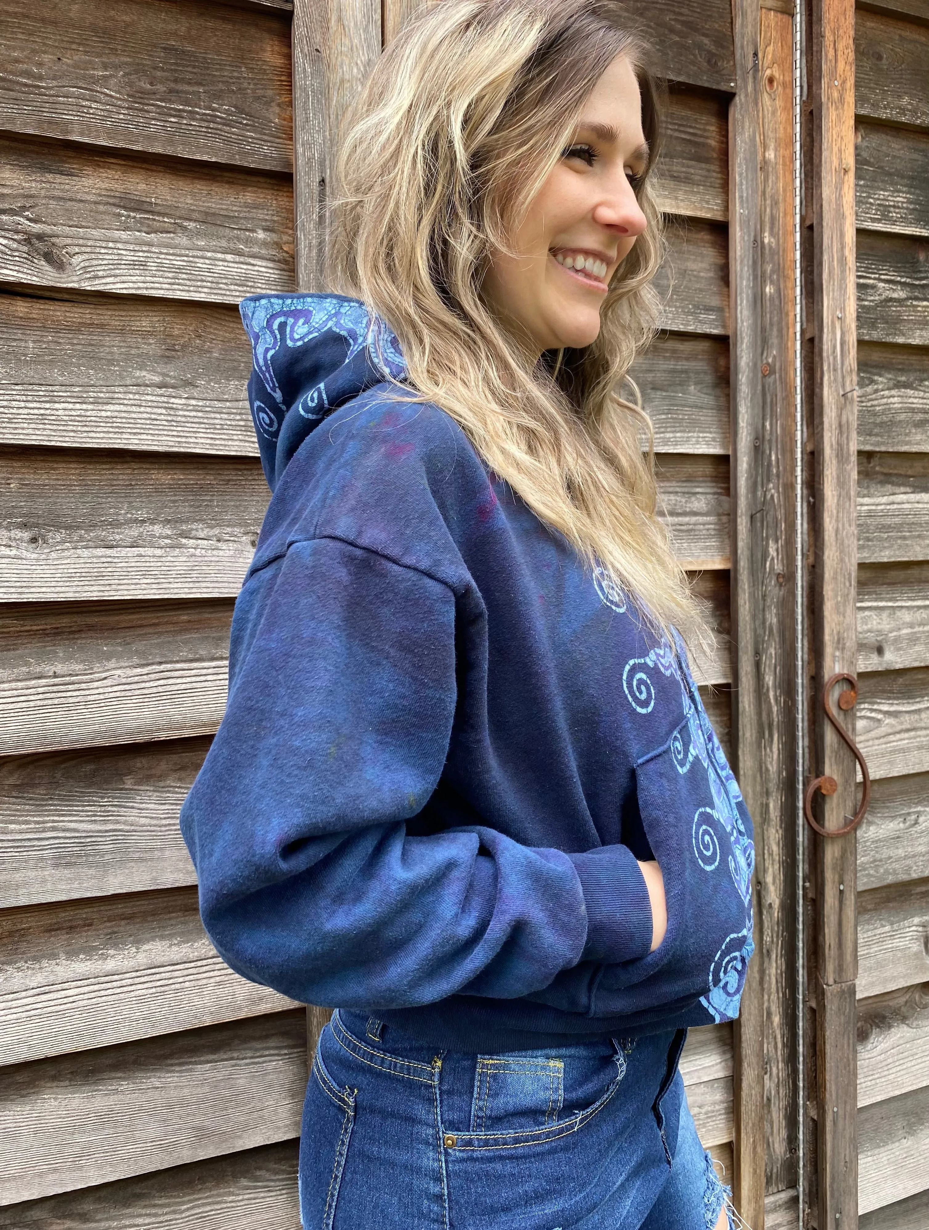 Midnight Moon Blue Flame Swirls Handmade Batik Hoodie