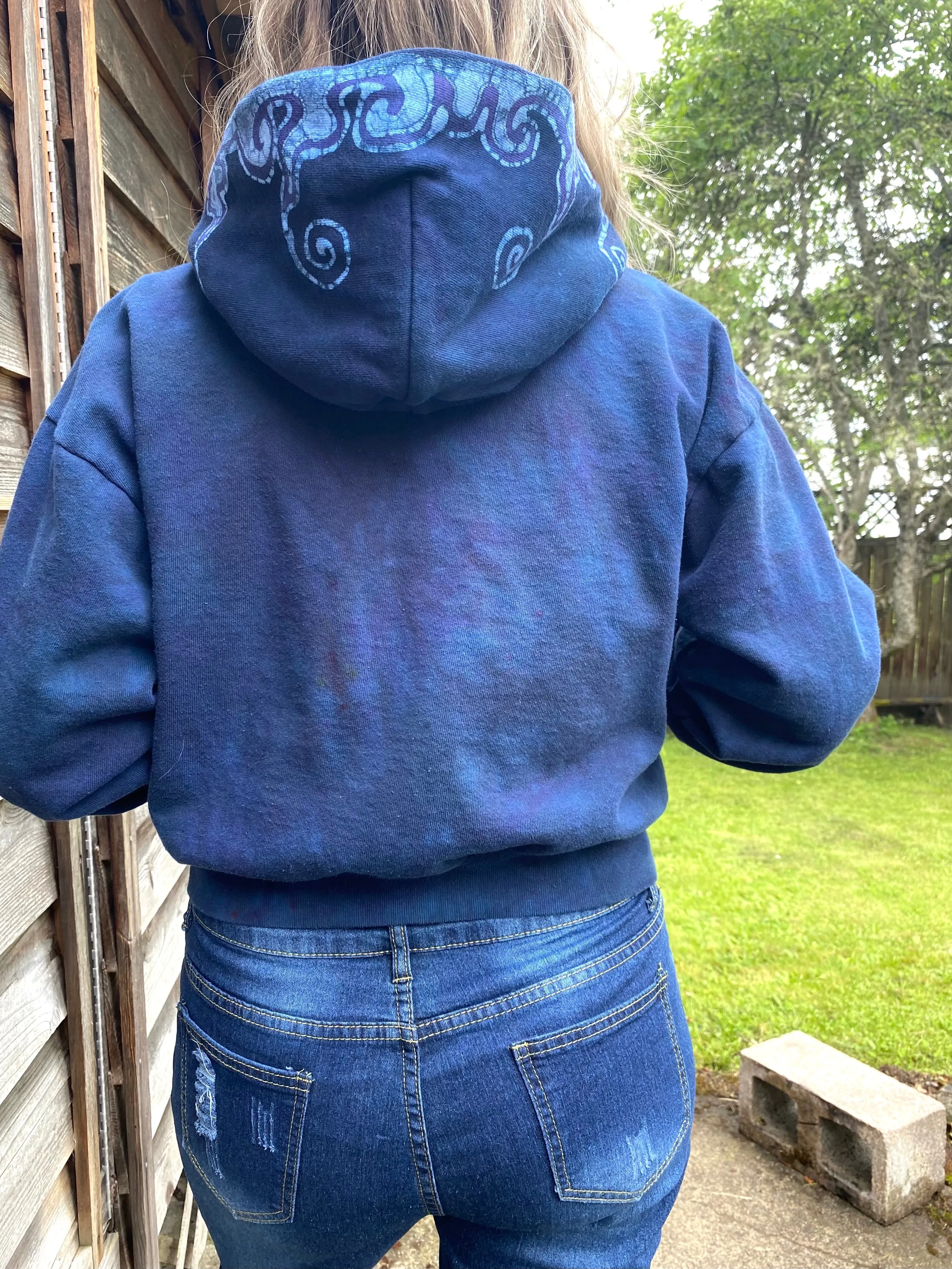 Midnight Moon Blue Flame Swirls Handmade Batik Hoodie