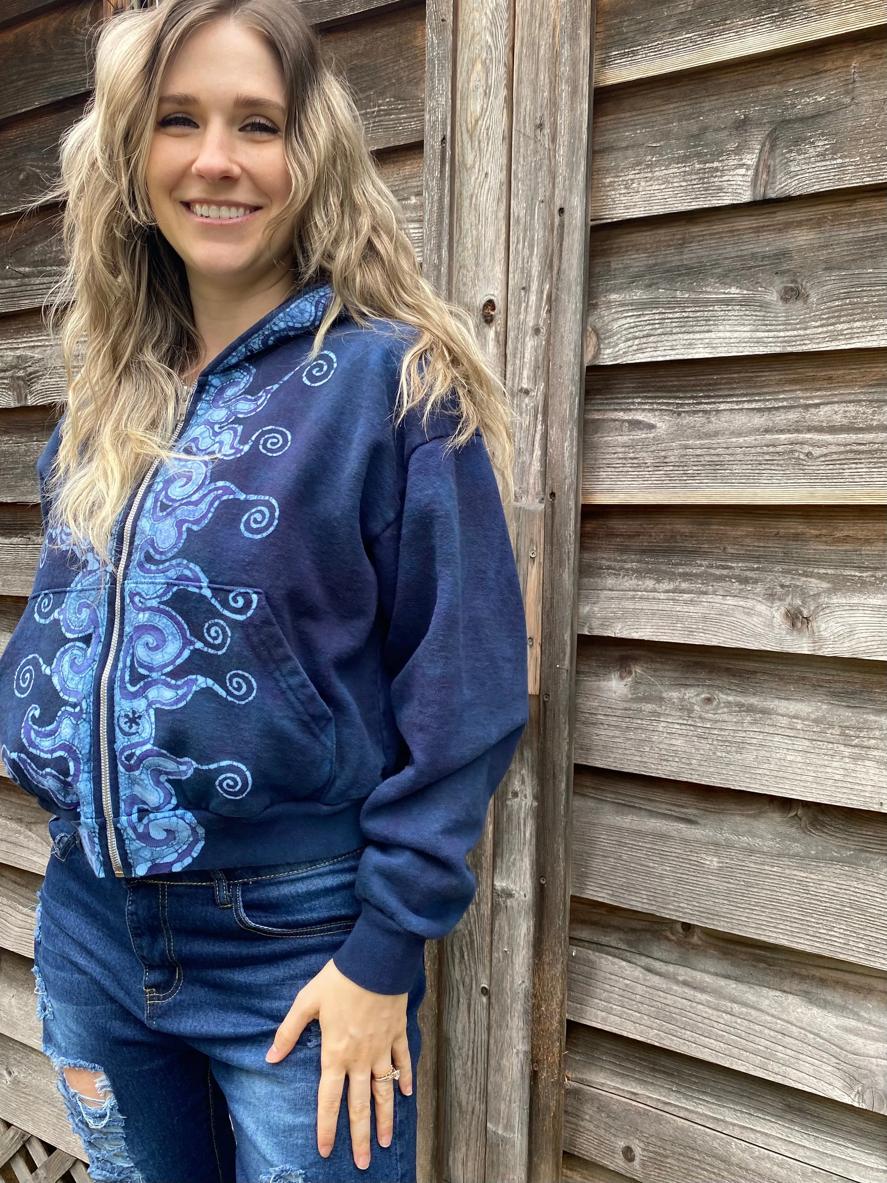 Midnight Moon Blue Flame Swirls Handmade Batik Hoodie