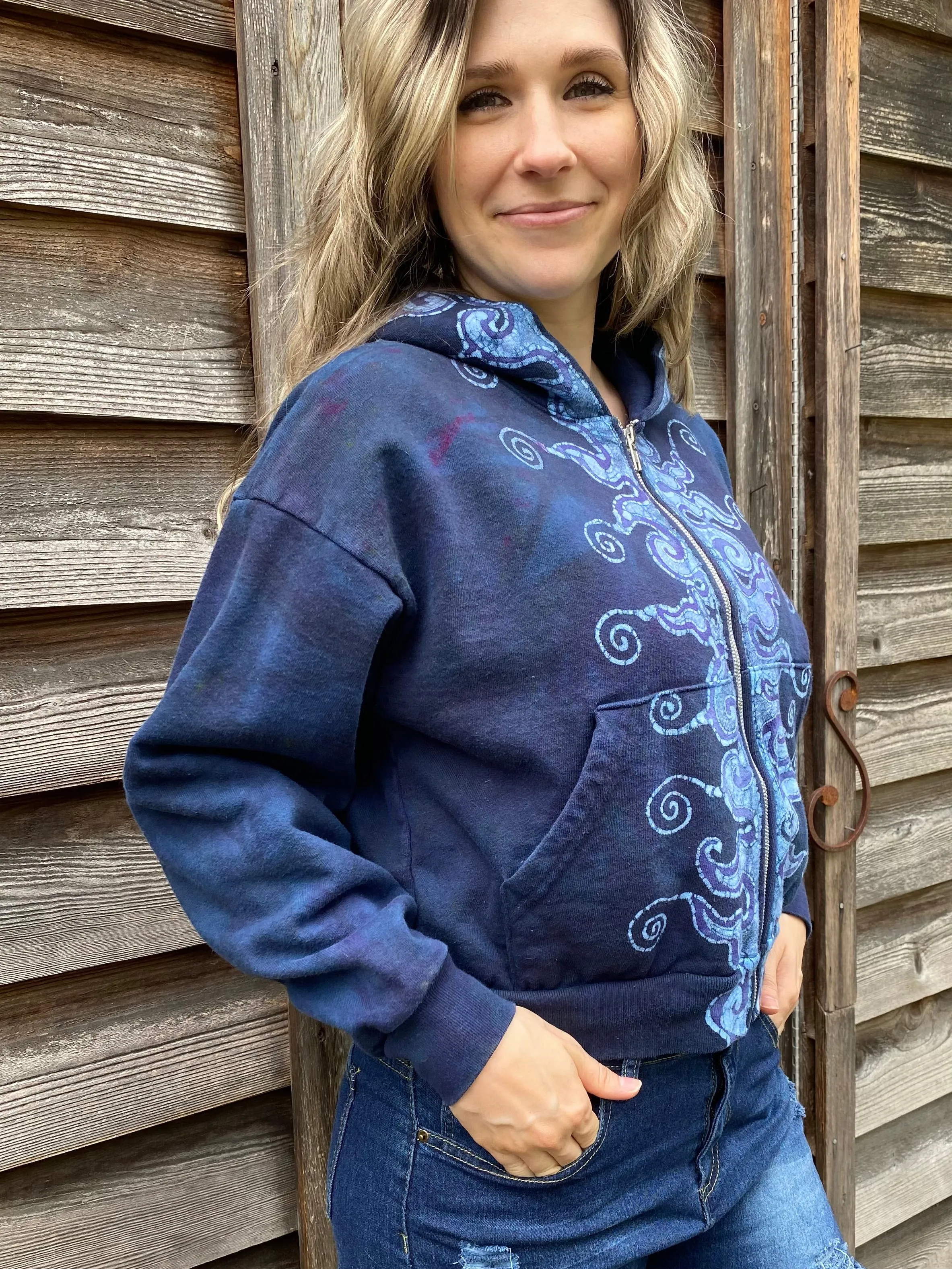 Midnight Moon Blue Flame Swirls Handmade Batik Hoodie