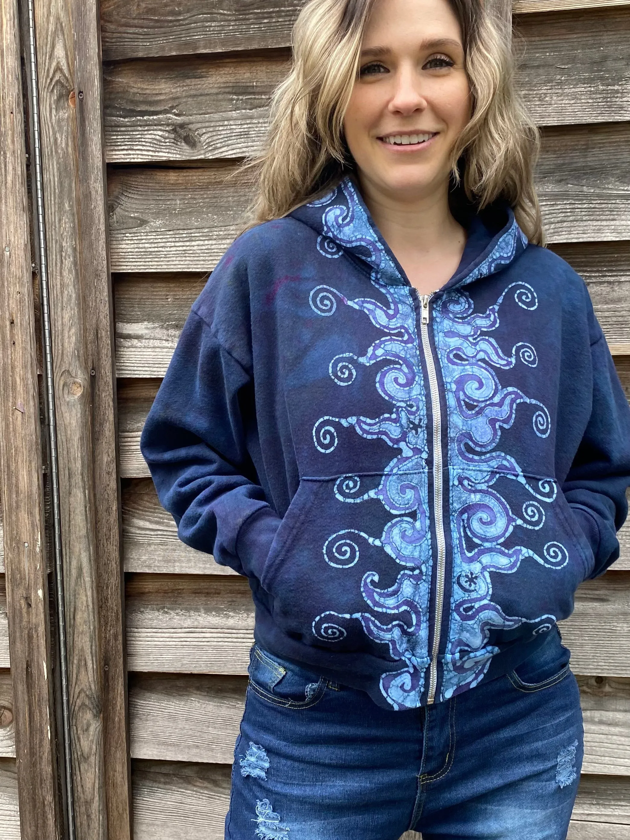 Midnight Moon Blue Flame Swirls Handmade Batik Hoodie