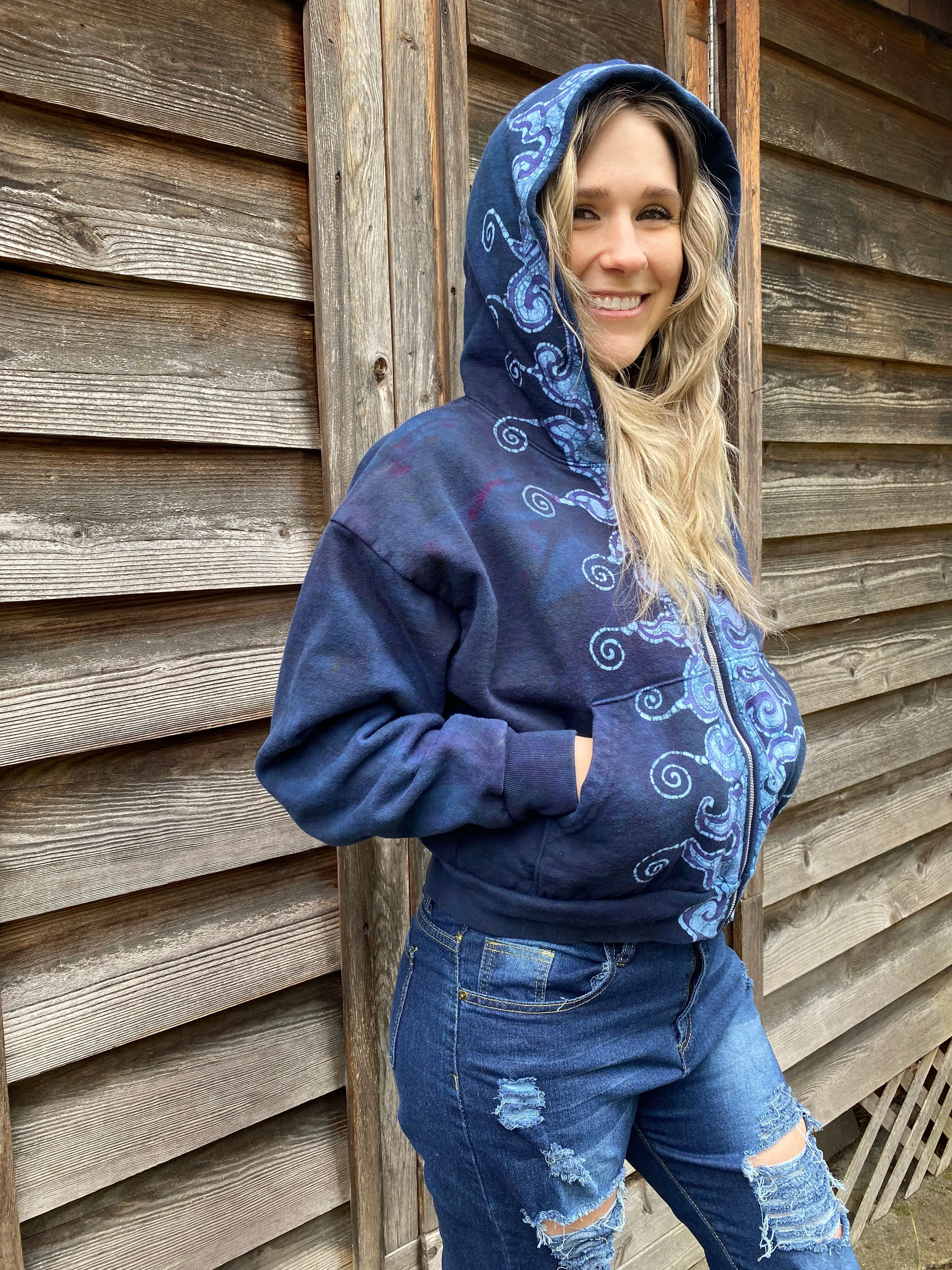 Midnight Moon Blue Flame Swirls Handmade Batik Hoodie