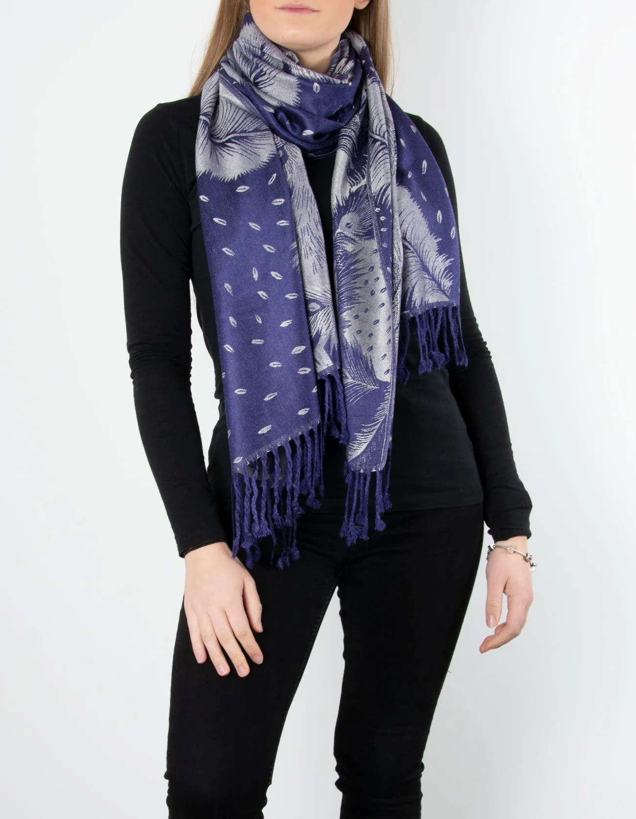 Navy And Silver Feather Print Patterned Pashmina