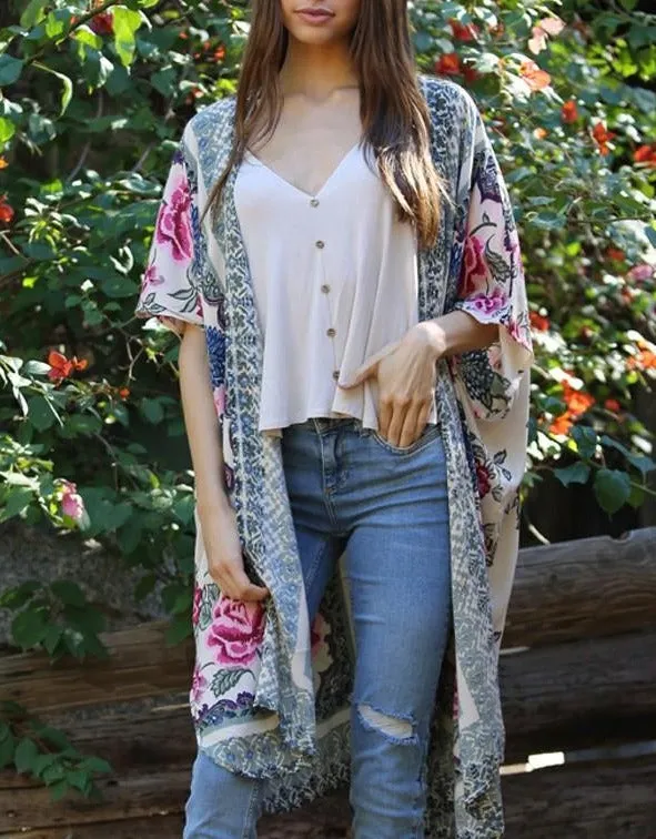 Olive Floral Print Kimono Duster