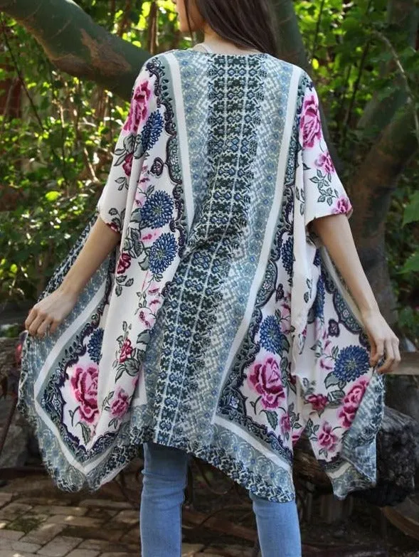 Olive Floral Print Kimono Duster