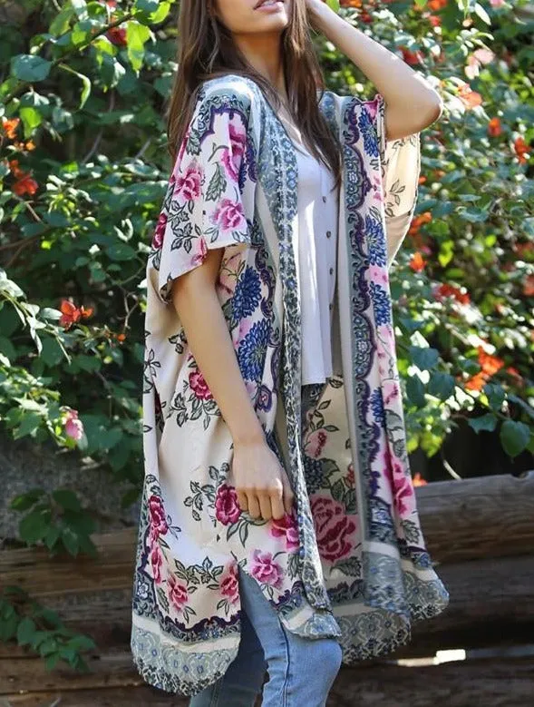 Olive Floral Print Kimono Duster