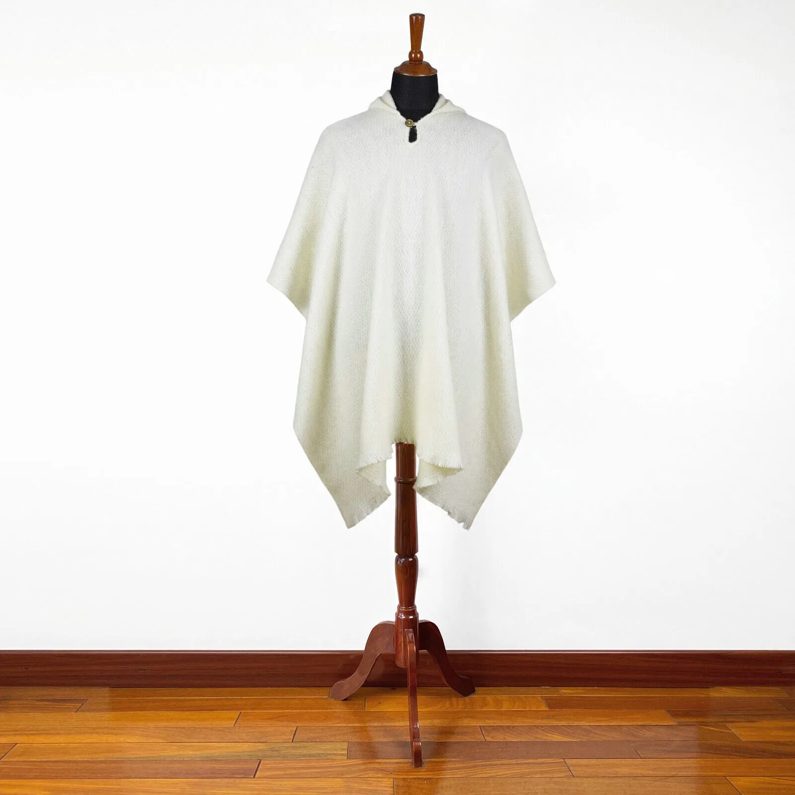 Papaca - Llama Wool Unisex South American Handwoven Hooded Poncho - white plain pattern