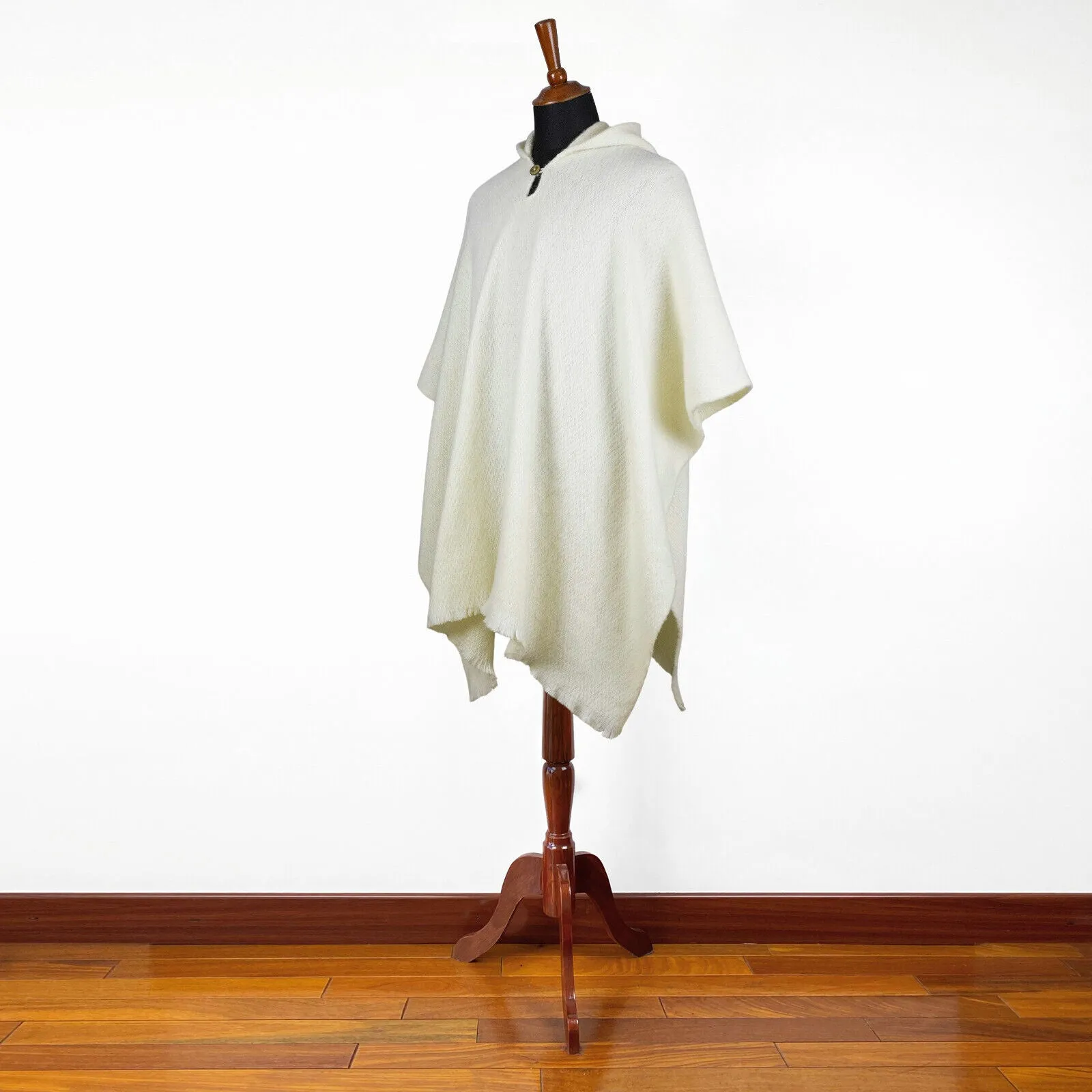 Papaca - Llama Wool Unisex South American Handwoven Hooded Poncho - white plain pattern