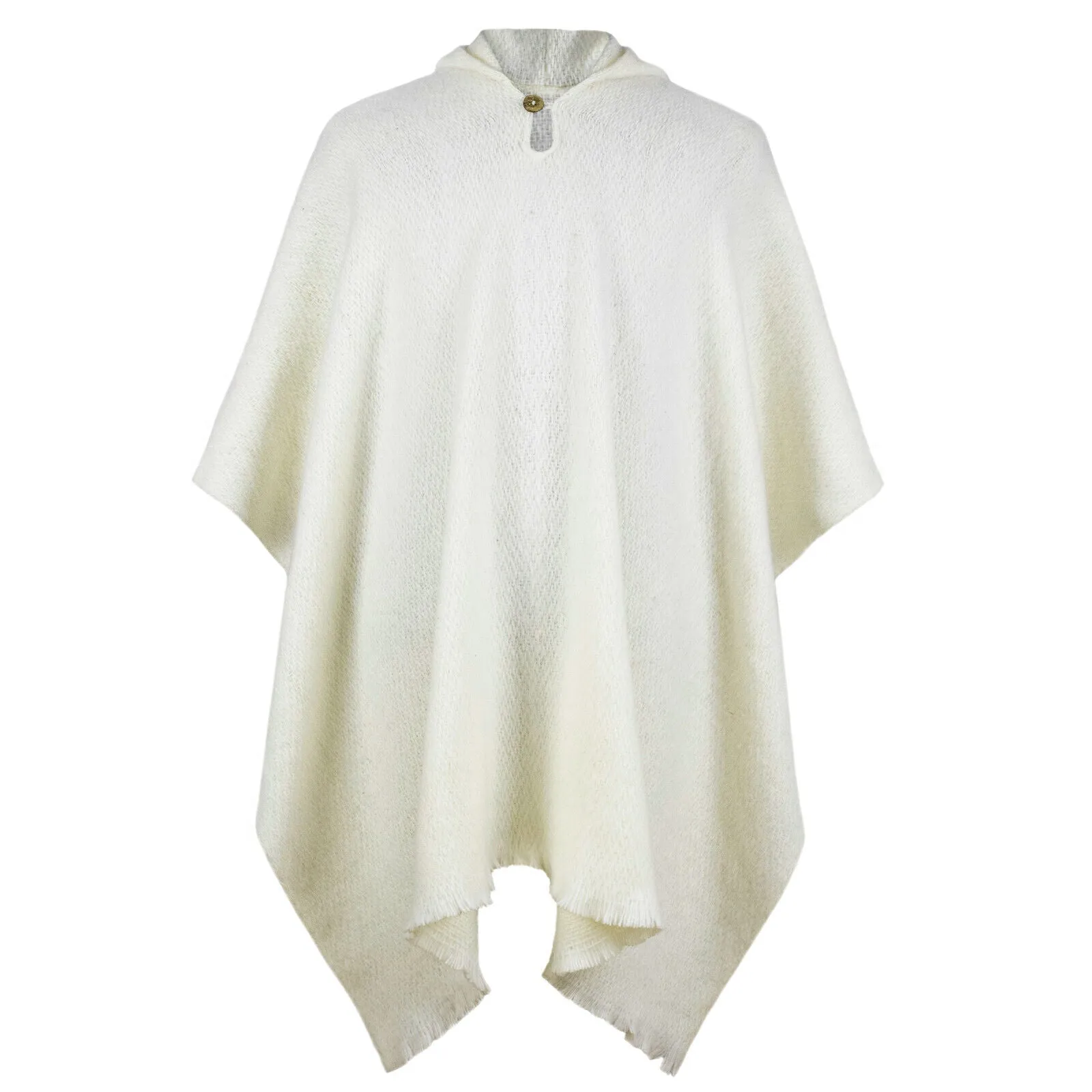 Papaca - Llama Wool Unisex South American Handwoven Hooded Poncho - white plain pattern