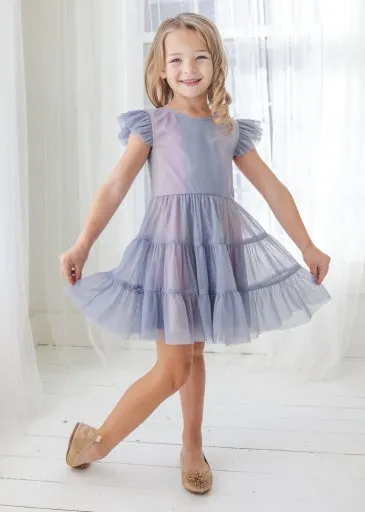 PHOENIX TIERED SOFT TULLE & SPARKLING LS KNIT DRESS