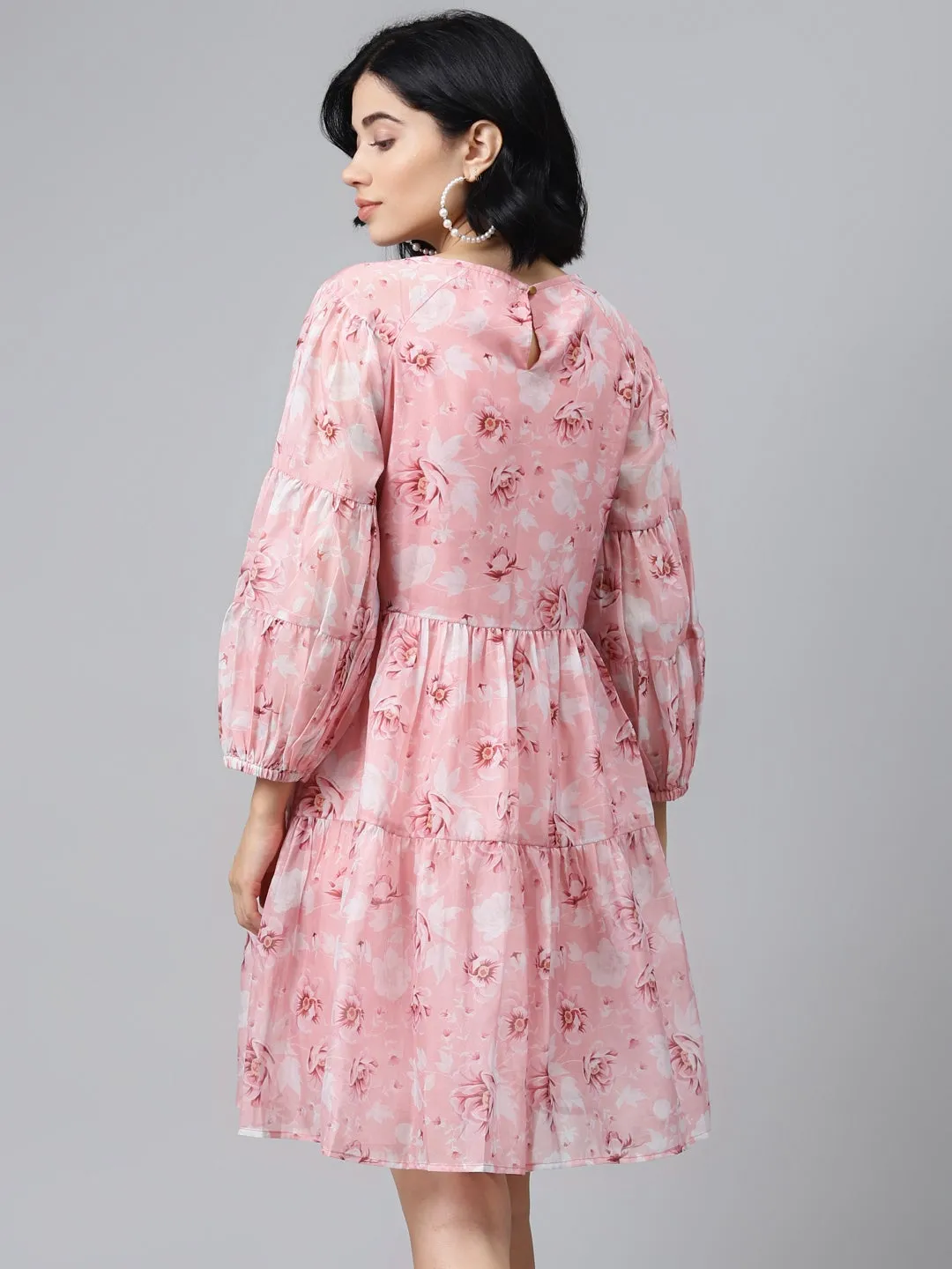 Pink Floral Drop Shoulder Tiered Dress