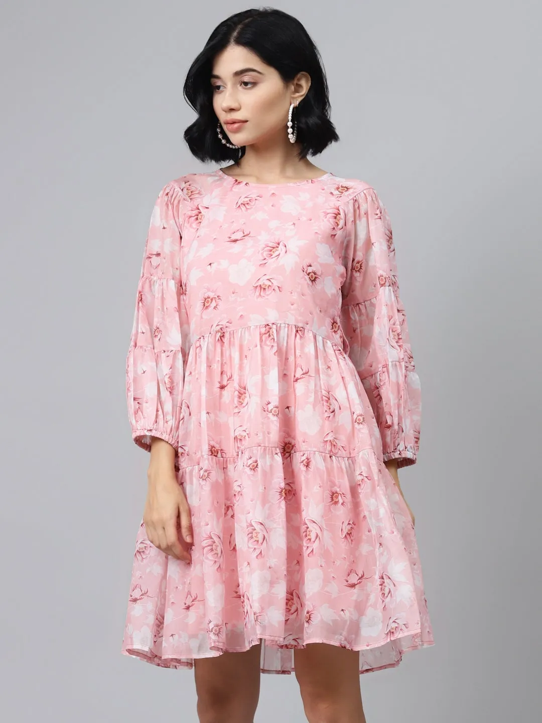 Pink Floral Drop Shoulder Tiered Dress