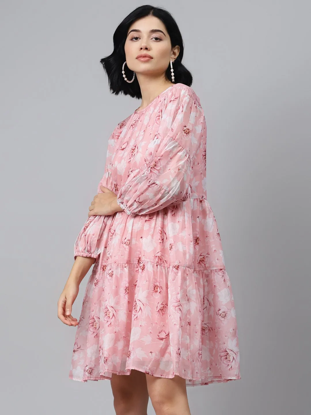 Pink Floral Drop Shoulder Tiered Dress