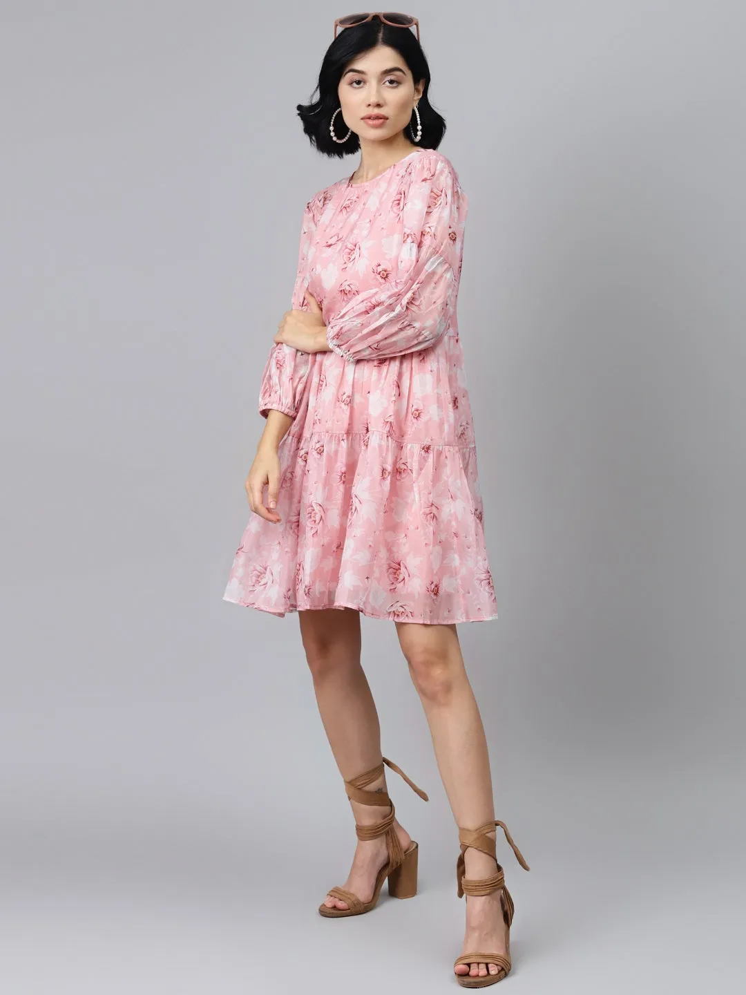 Pink Floral Drop Shoulder Tiered Dress