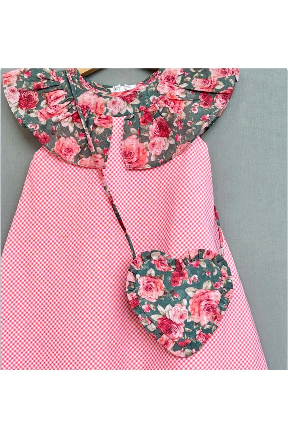 Pink Gingham checks & Floral Dress with Bag