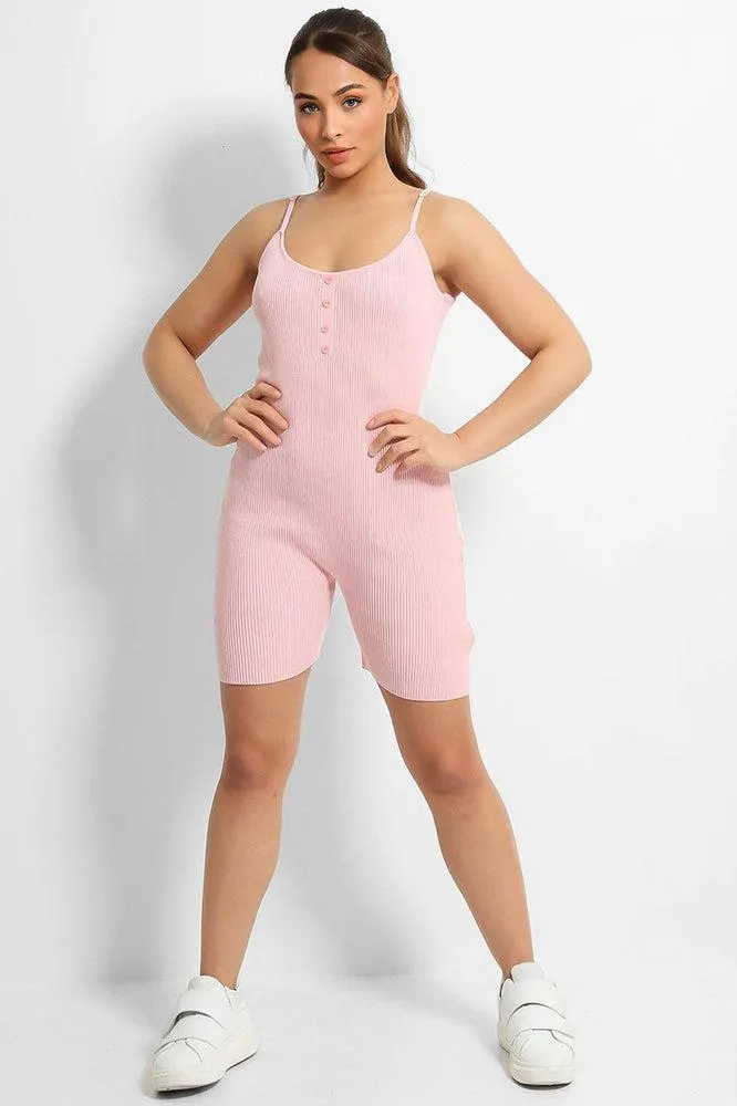 Pink Soft Rib Knit Button Details Cami Romper