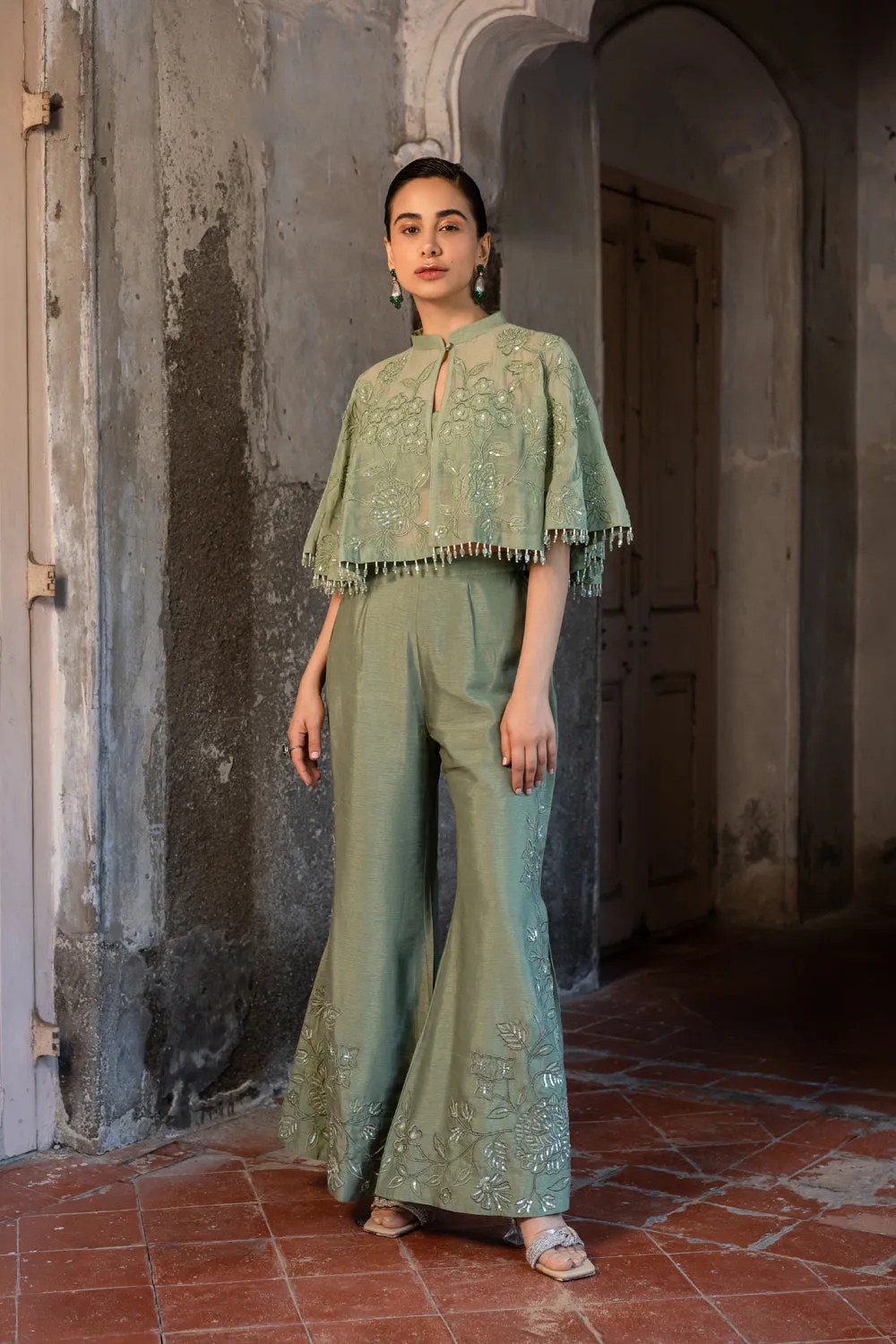 Pista Green Embroidered Cape & Side Cut Pant Set