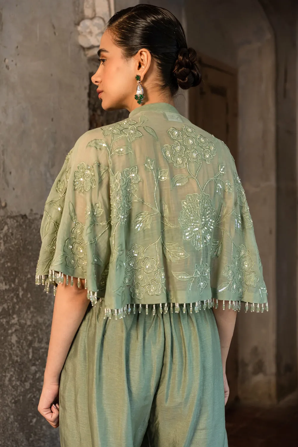 Pista Green Embroidered Cape & Side Cut Pant Set