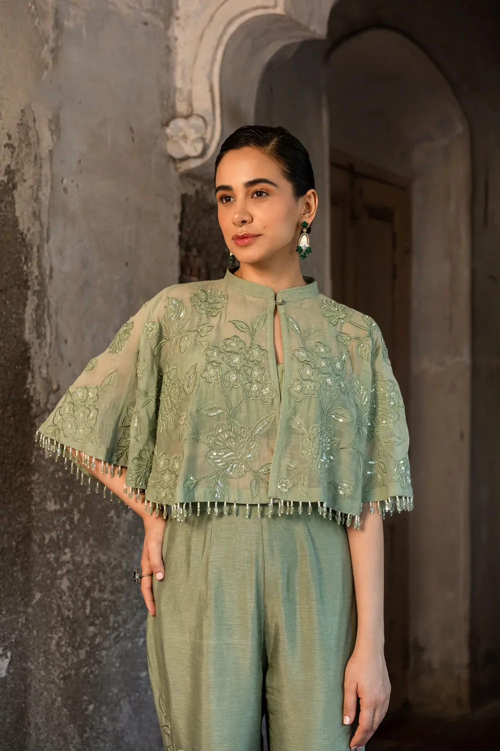 Pista Green Embroidered Cape & Side Cut Pant Set