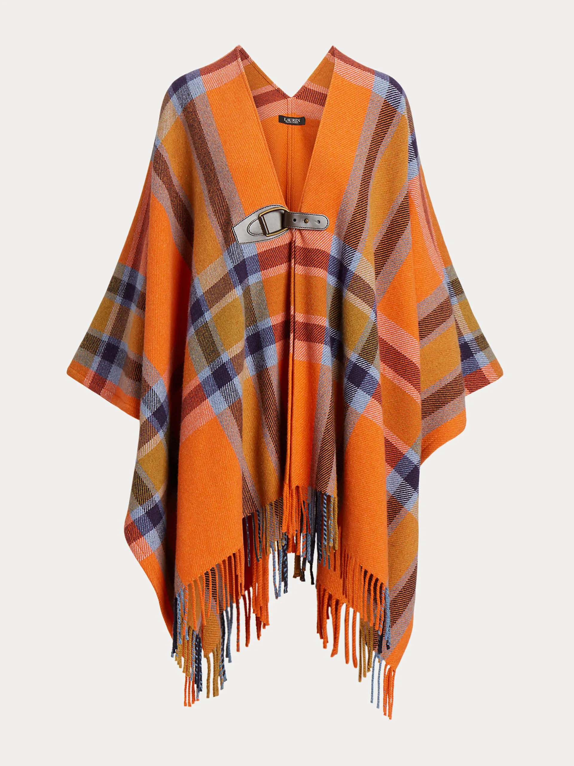 Plaid fringe-trim twill poncho