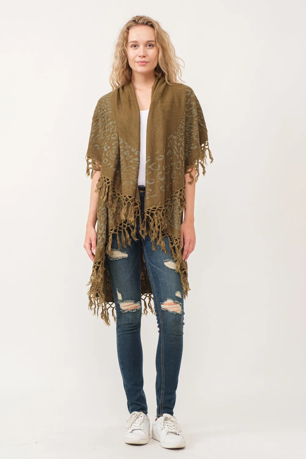 RAJ MAE SPOTTED LEO BORDER PONCHO OLIVE