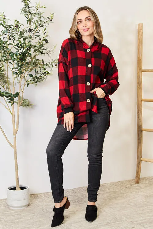 Red/Black Plaid Button Front Hooded Shirt