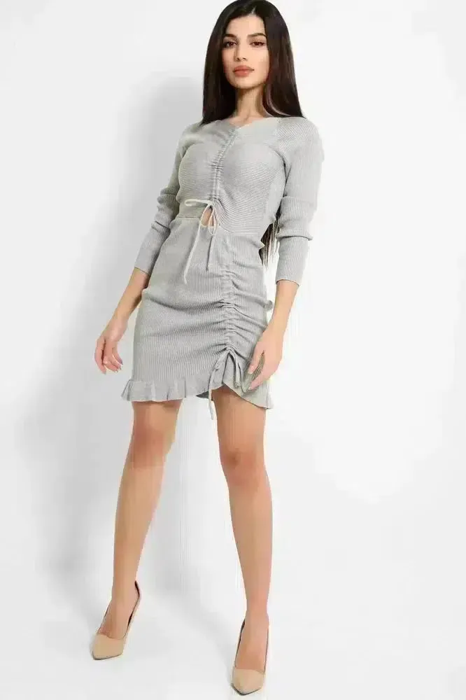 Ribbed Knit Asymmetric Drawstring Details Dress