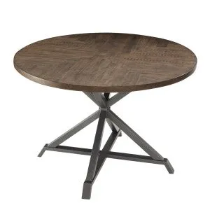 Round Pine Veneer Dining Table - Seats 4, Burnished Brown & Gray Metal Finish