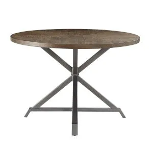 Round Pine Veneer Dining Table - Seats 4, Burnished Brown & Gray Metal Finish