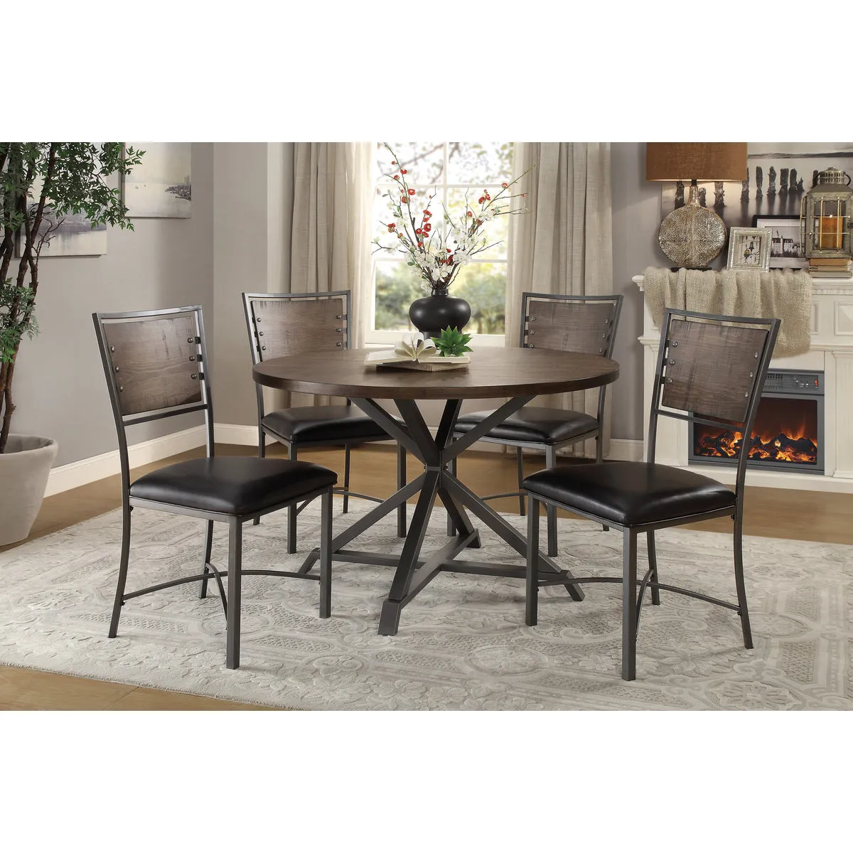 Round Pine Veneer Dining Table - Seats 4, Burnished Brown & Gray Metal Finish