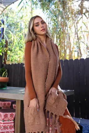 Scarf - Knitted Fringed Pockets - Camel