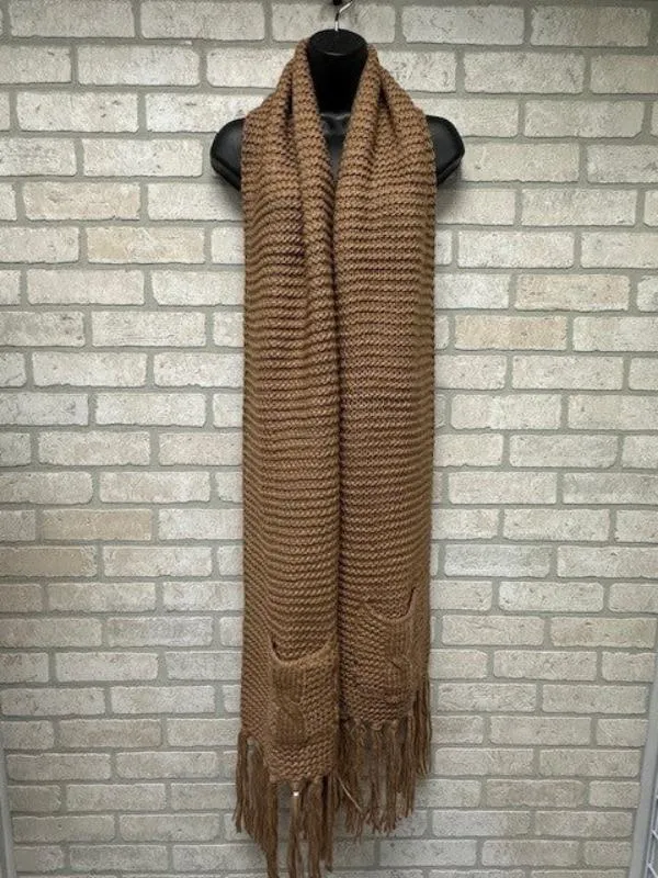 Scarf - Knitted Fringed Pockets - Camel