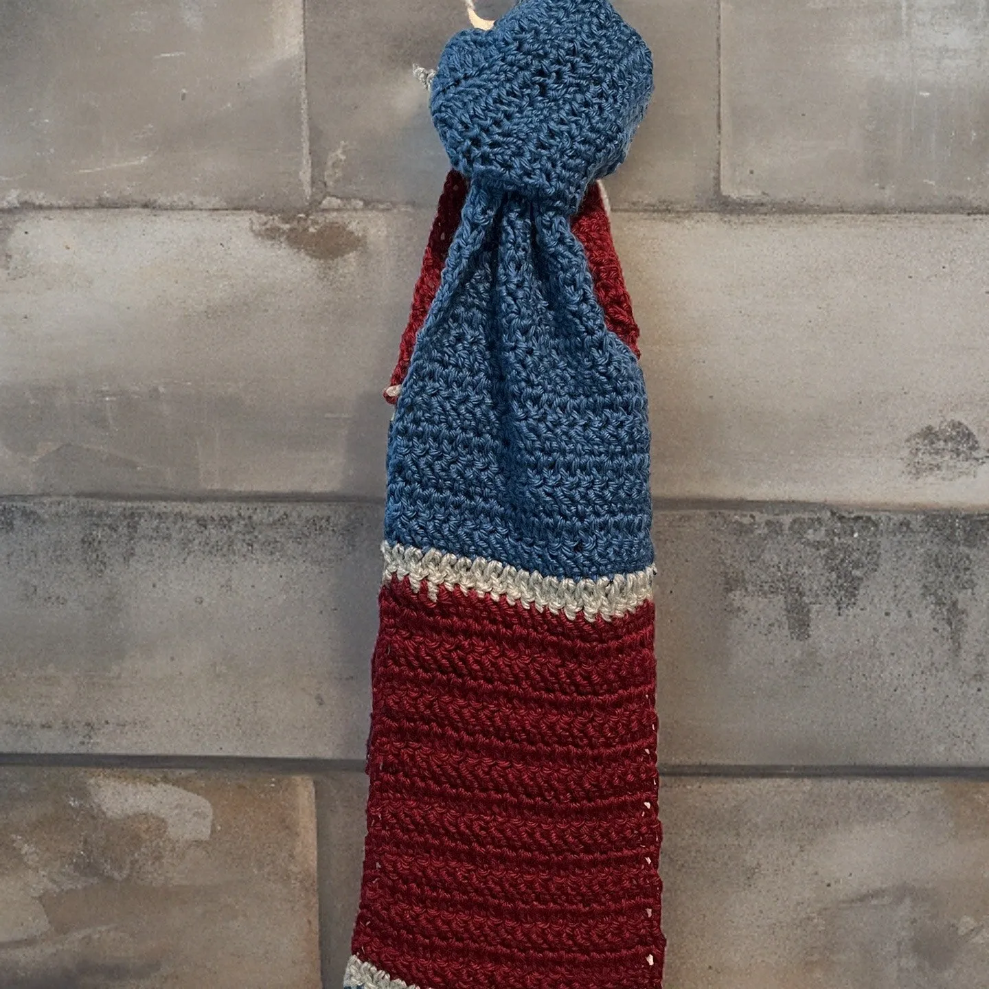 Scarf, Men's Crocheted, w/ Fringe, Blue/Gray/Red