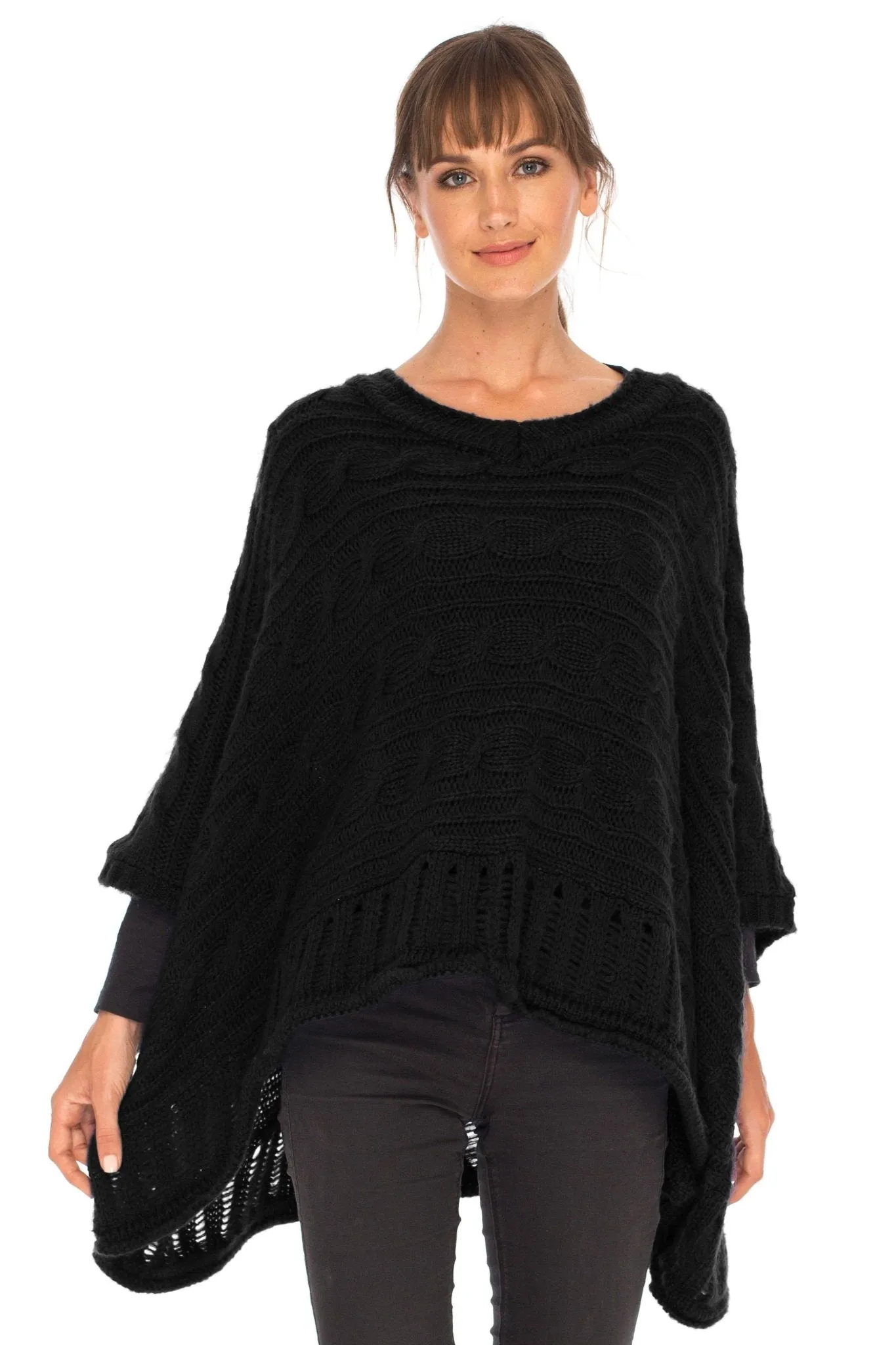 SHU-SHI Women's Boho Oversized Cable Knit Cowl Neck Sweater Poncho Topper