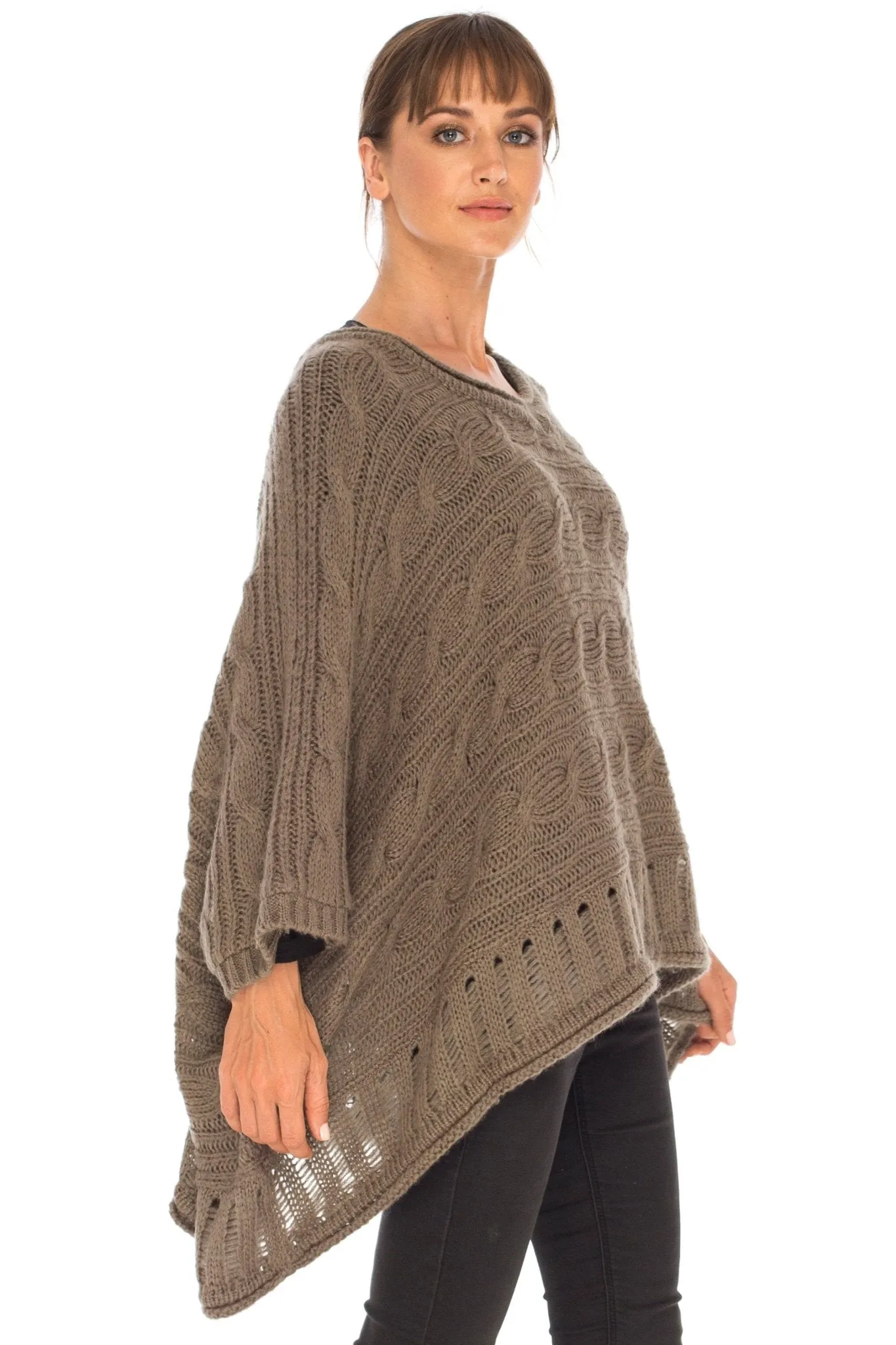 SHU-SHI Women's Boho Oversized Cable Knit Cowl Neck Sweater Poncho Topper