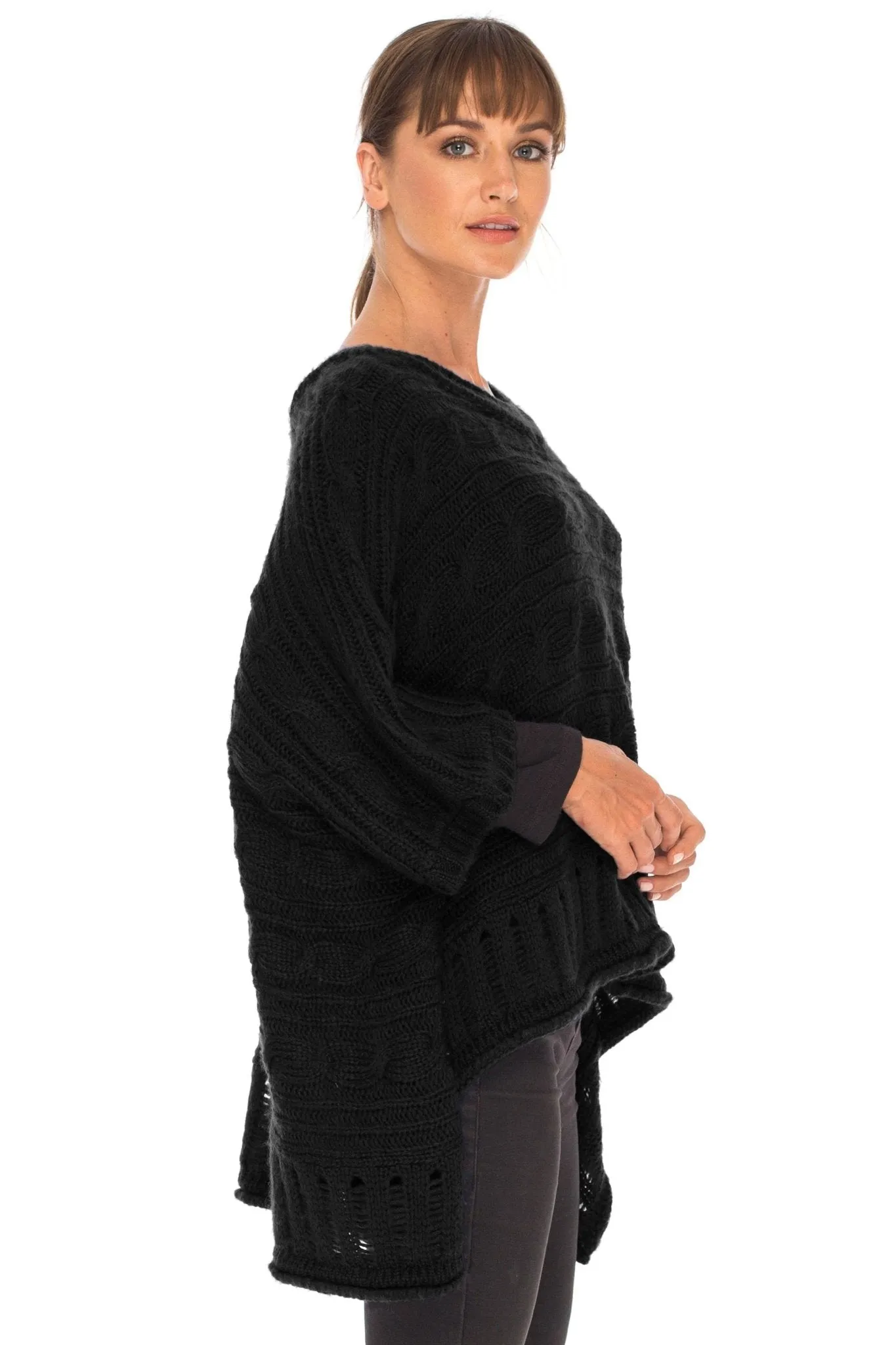 SHU-SHI Women's Boho Oversized Cable Knit Cowl Neck Sweater Poncho Topper