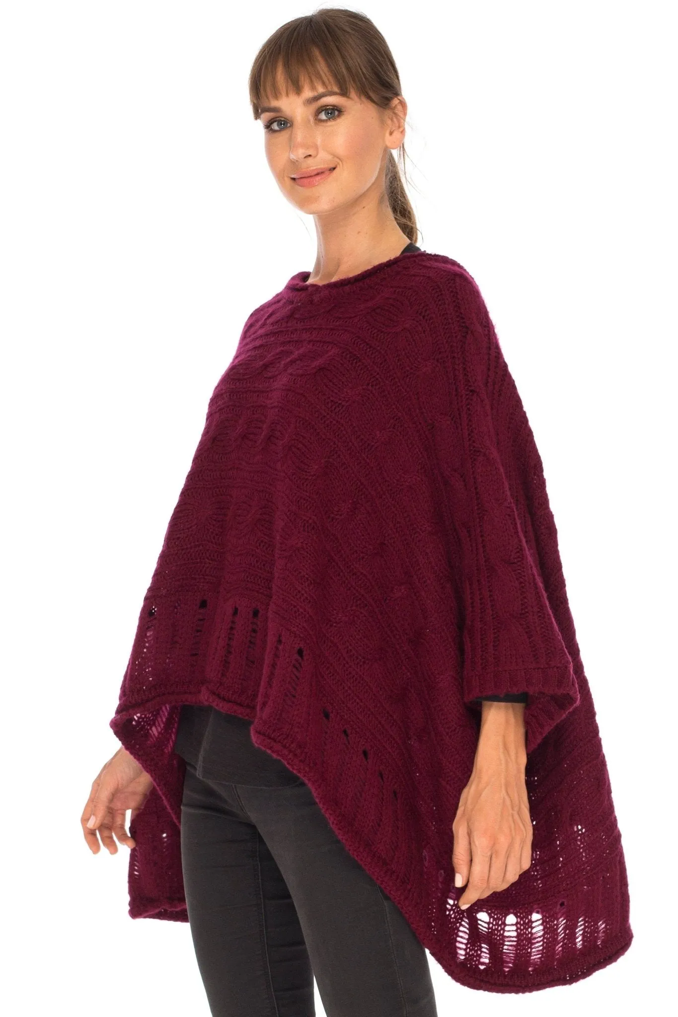 SHU-SHI Women's Boho Oversized Cable Knit Cowl Neck Sweater Poncho Topper