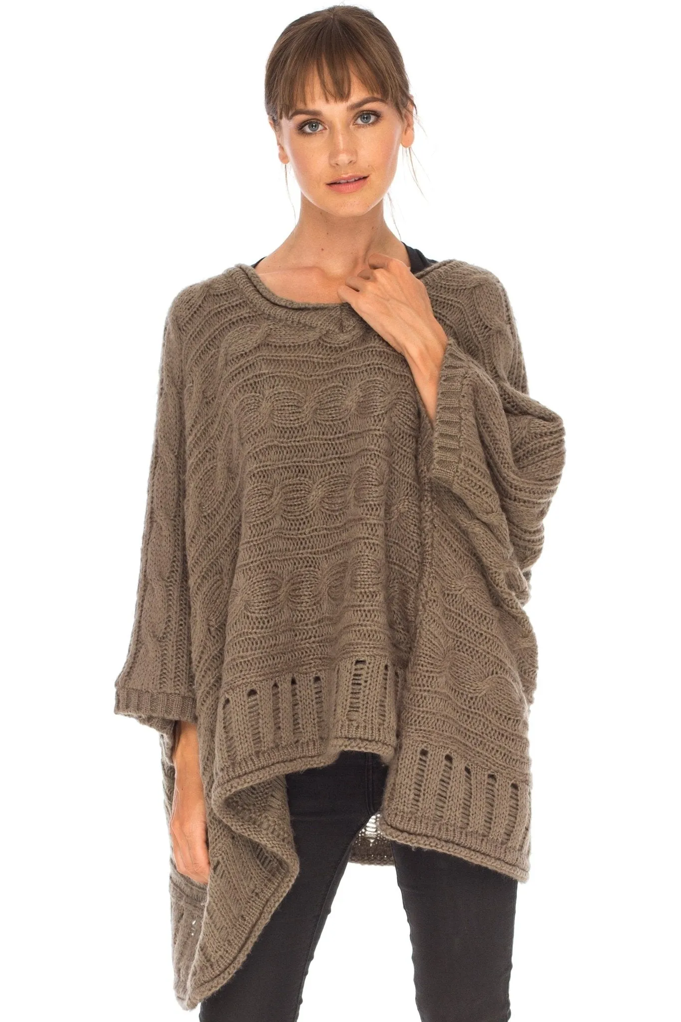 SHU-SHI Women's Boho Oversized Cable Knit Cowl Neck Sweater Poncho Topper