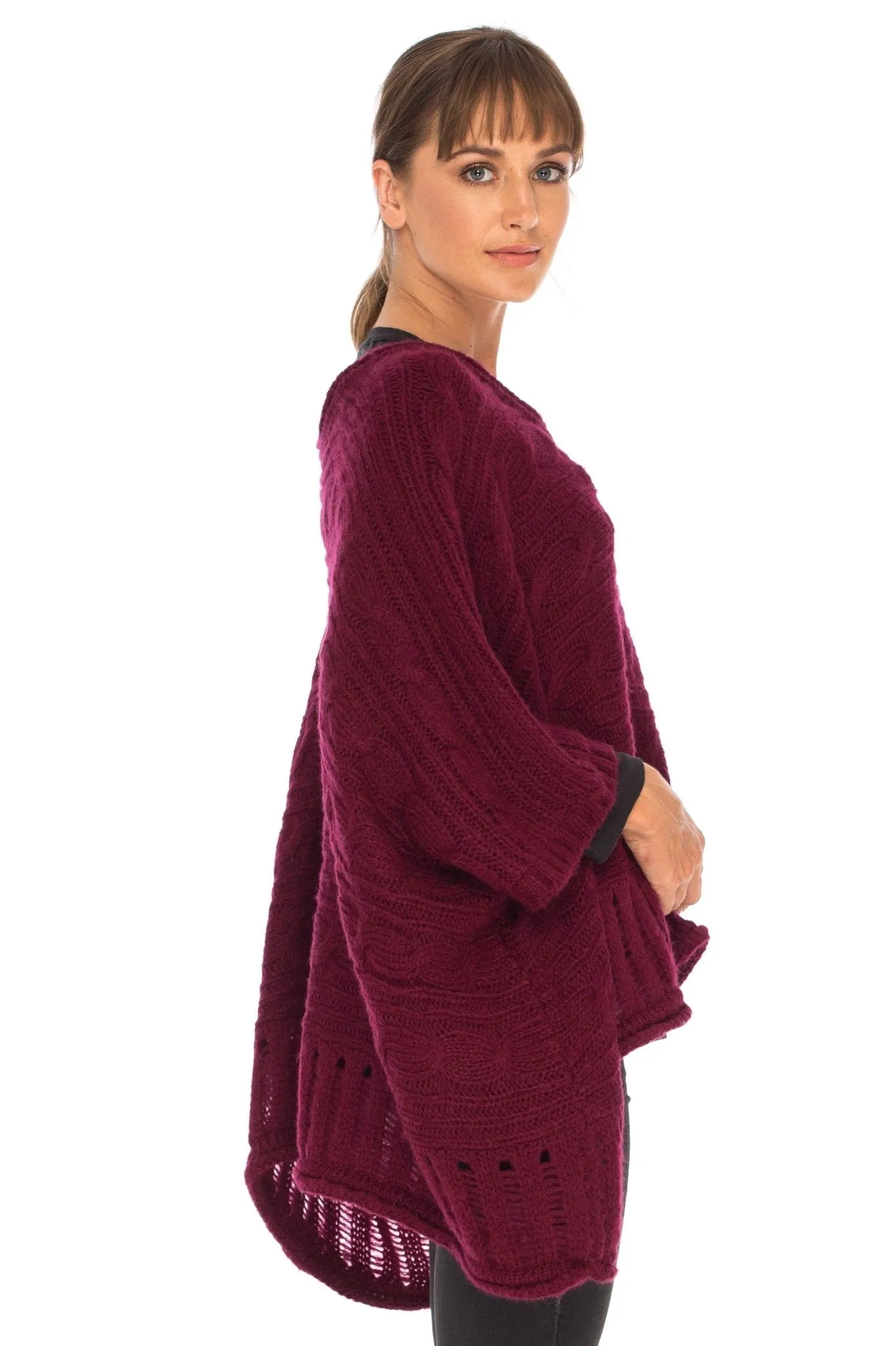 SHU-SHI Women's Boho Oversized Cable Knit Cowl Neck Sweater Poncho Topper