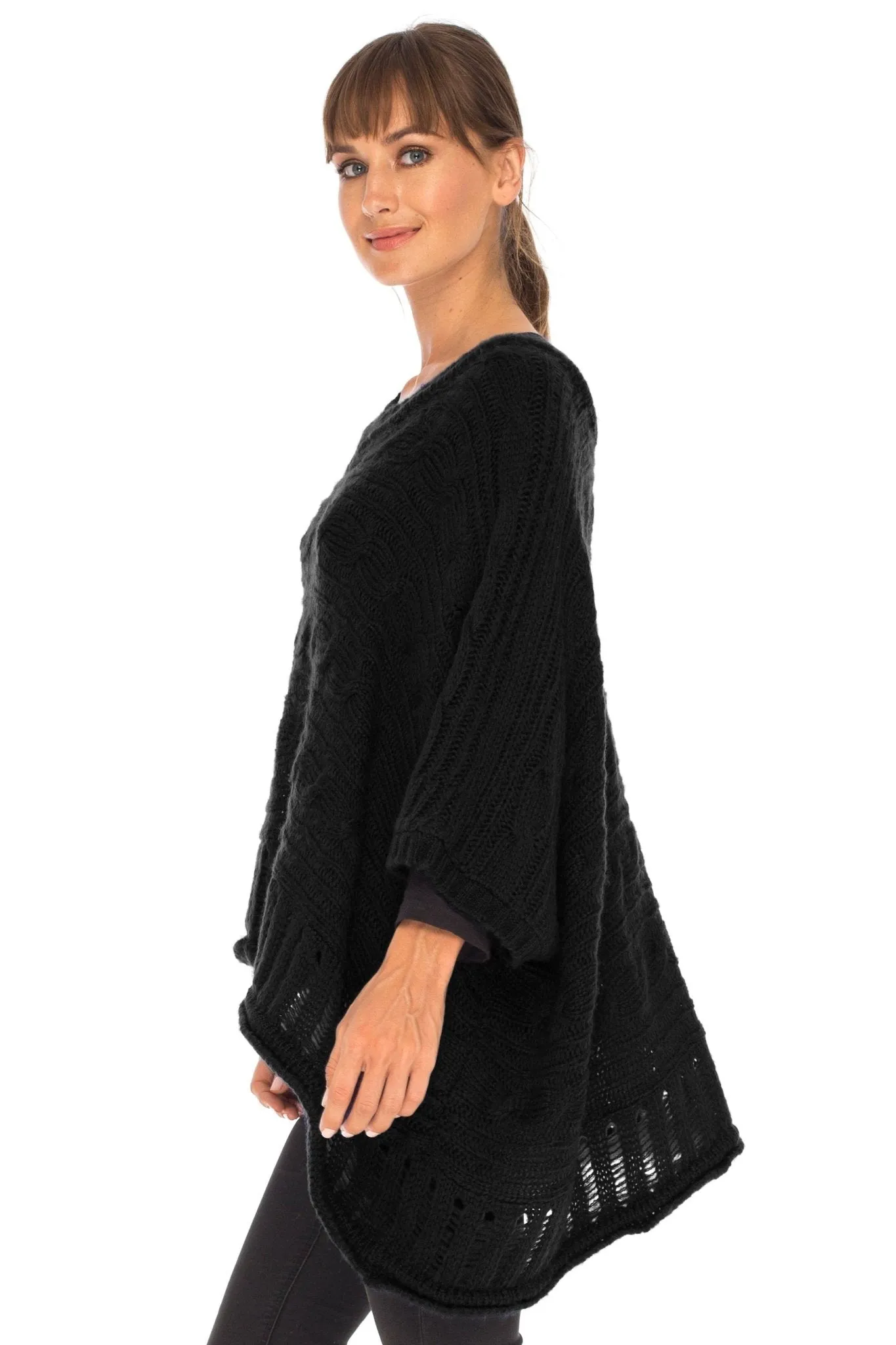 SHU-SHI Women's Boho Oversized Cable Knit Cowl Neck Sweater Poncho Topper