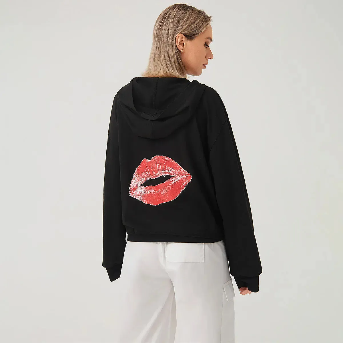 Solid Color Red Lip Print Stylish Loose-fitting Hoodie