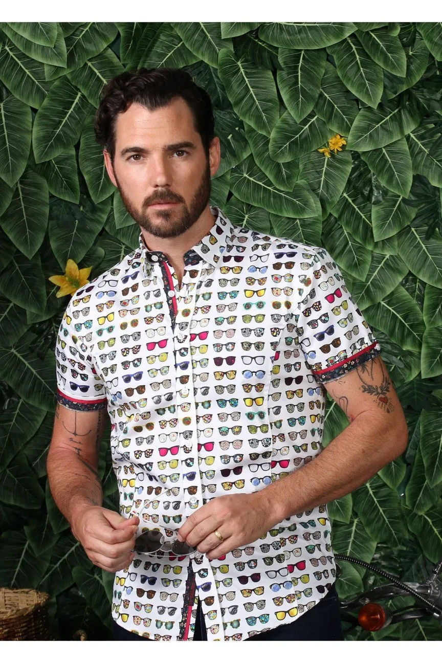 Sunglasses Print Short Sleeve Shirt W/ Flower Trim