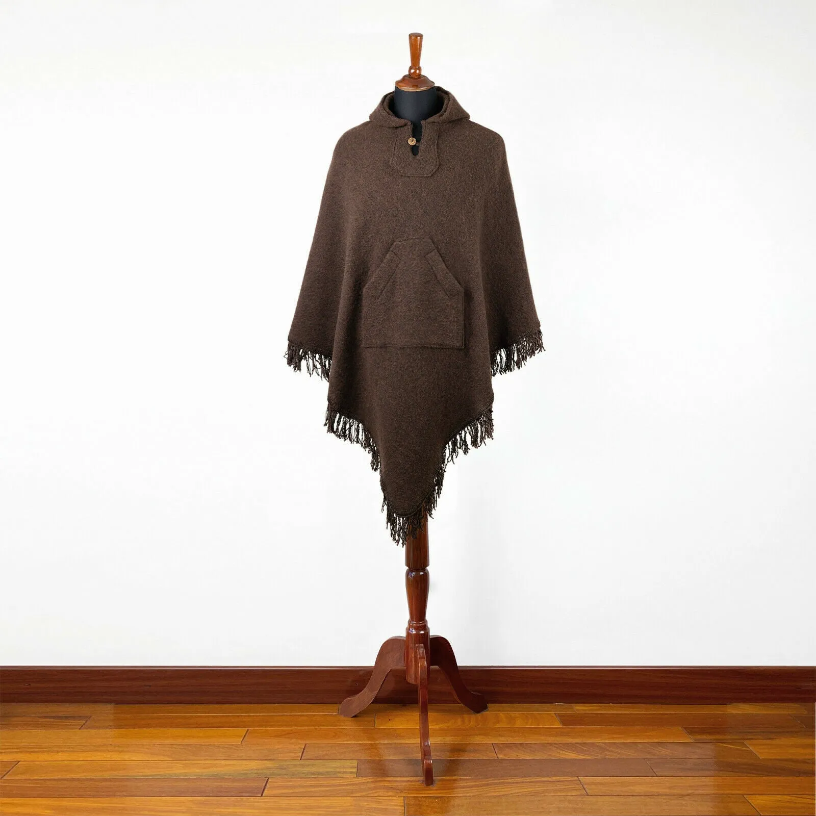 Surfers Poncho with hood and pocket llama wool - BROWN