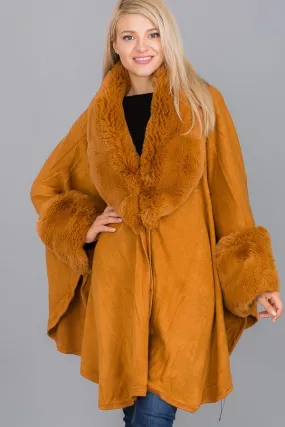 Tan Faux Fur Collared Ruana Poncho