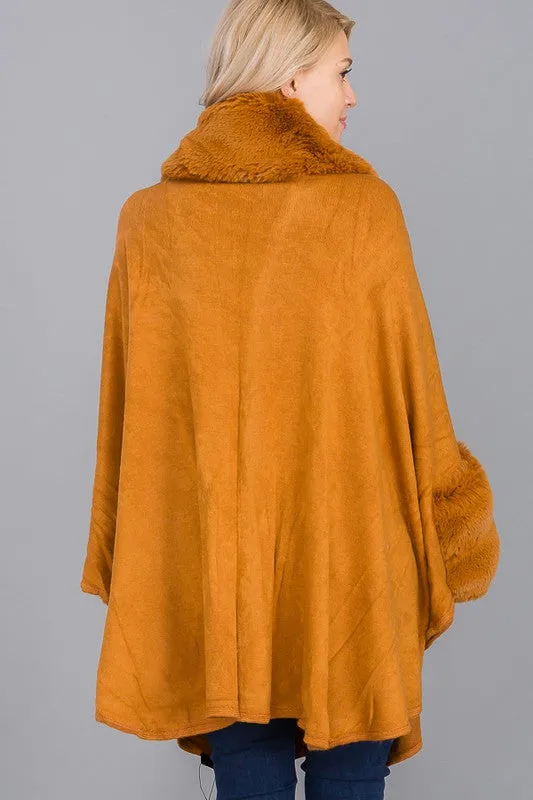 Tan Faux Fur Collared Ruana Poncho