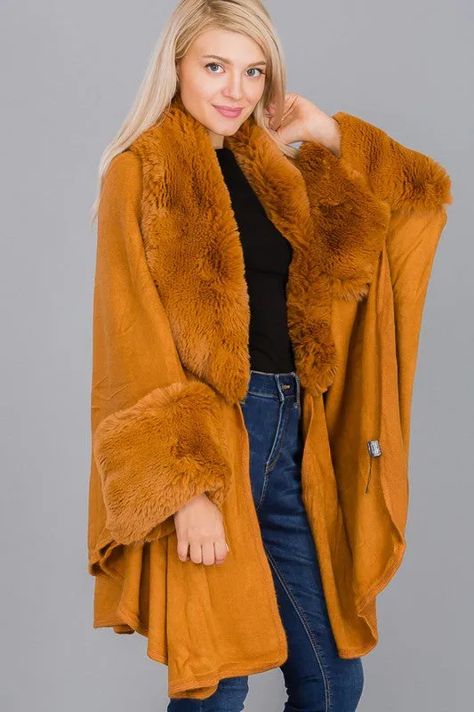 Tan Faux Fur Collared Ruana Poncho