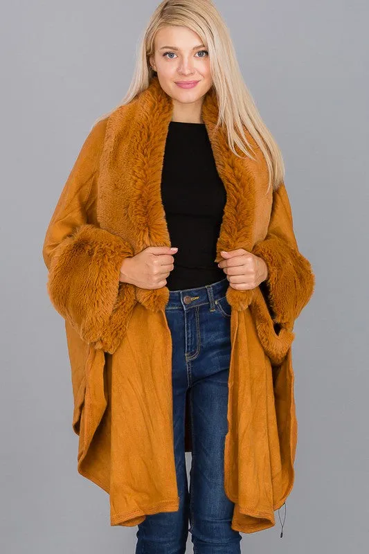 Tan Faux Fur Collared Ruana Poncho