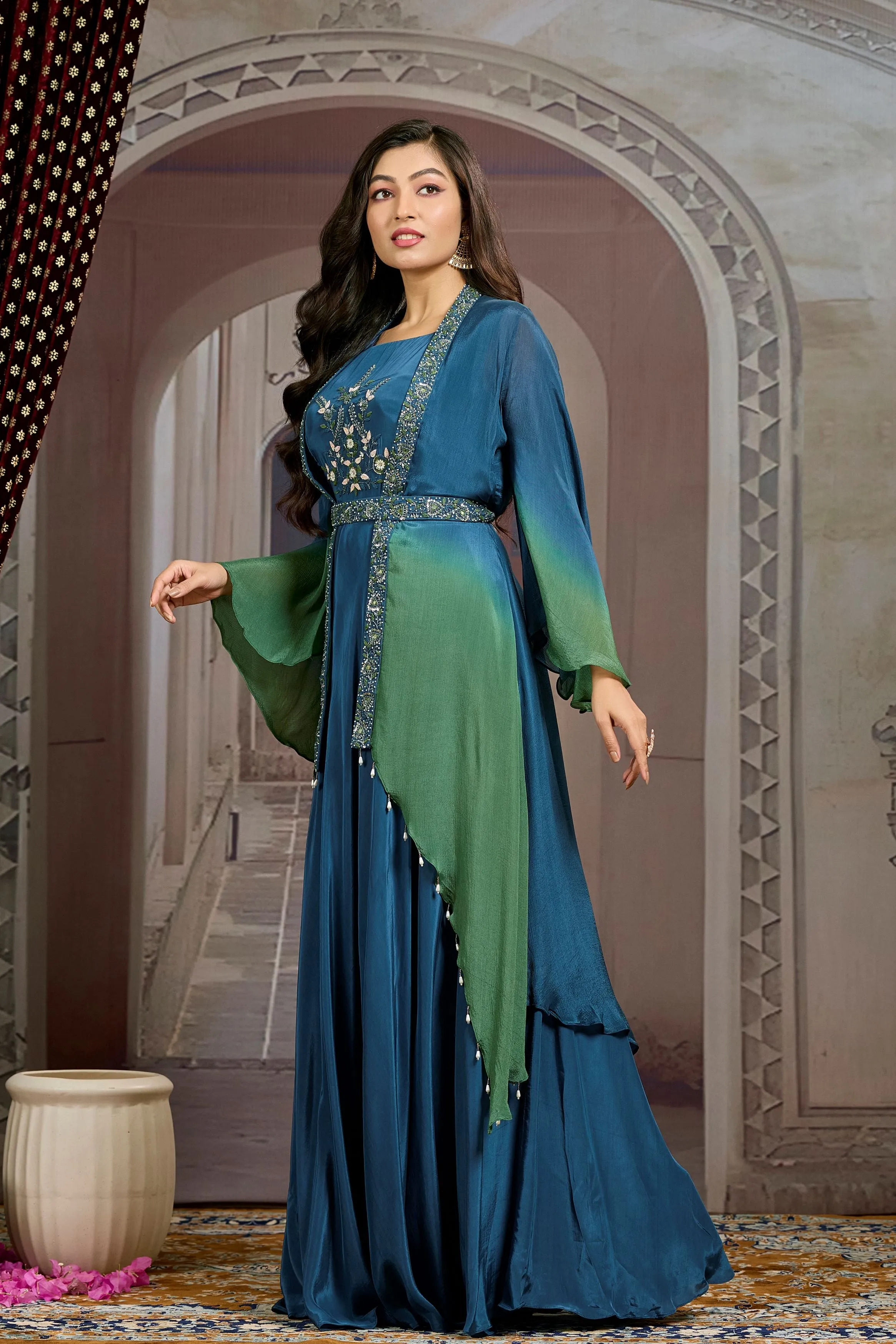 Teal Ombre-Dyed Chinon Silk Cape Gown