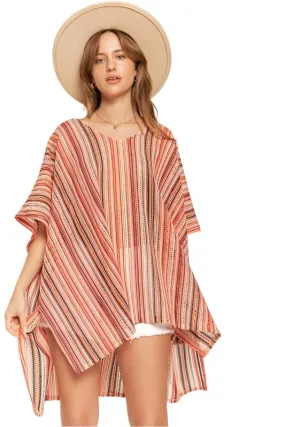 TEEK - PEACH COLORFUL VERTICAL STRIPE PONCHO