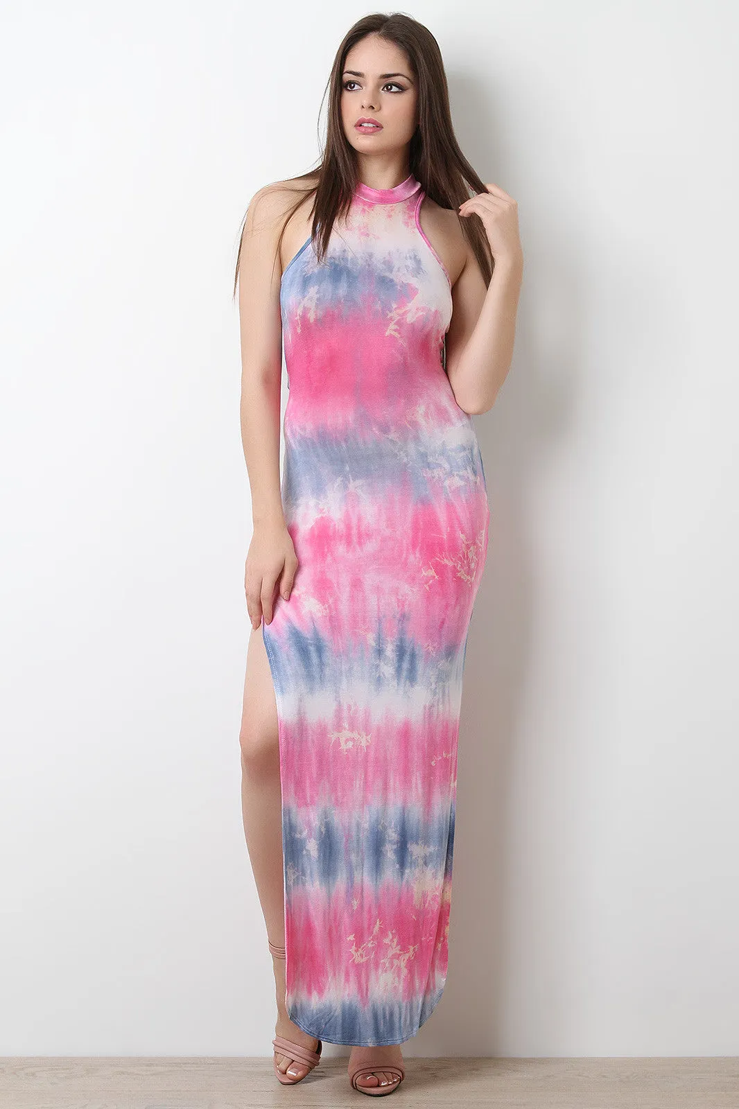 Tie Dye Sleeveless Double Slit Maxi Dress